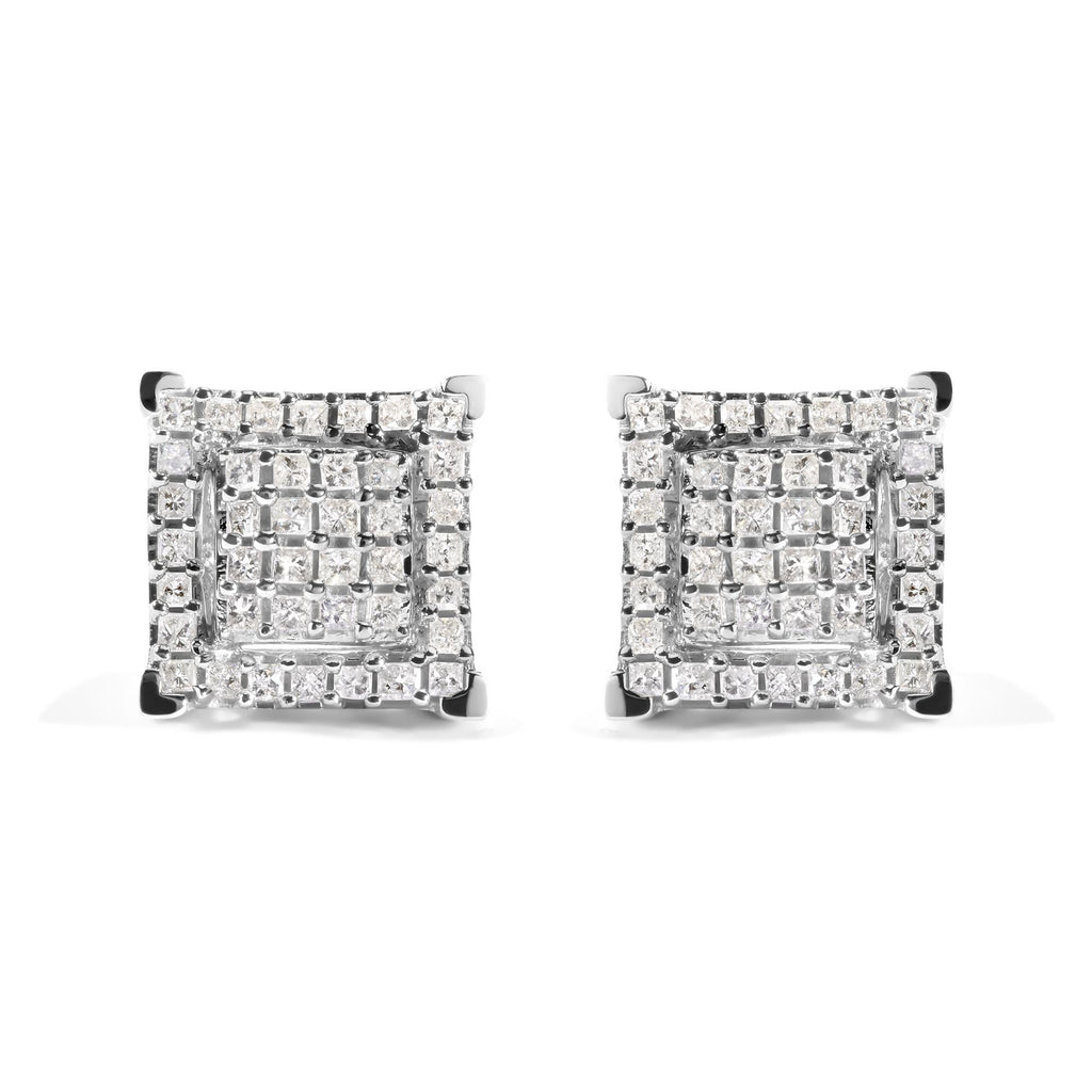 10K White Gold 1 1/4 Cttw Princess Diamond Composite Double Square and Halo Stud Earrings (I-J Color, I1-I2 Clarity)