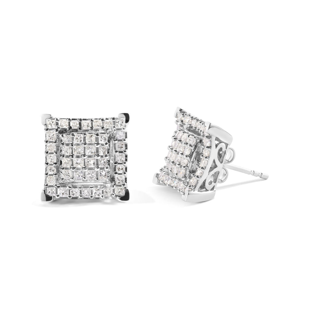 10K White Gold 1 1/4 Cttw Princess Diamond Composite Double Square and Halo Stud Earrings (I-J Color, I1-I2 Clarity)