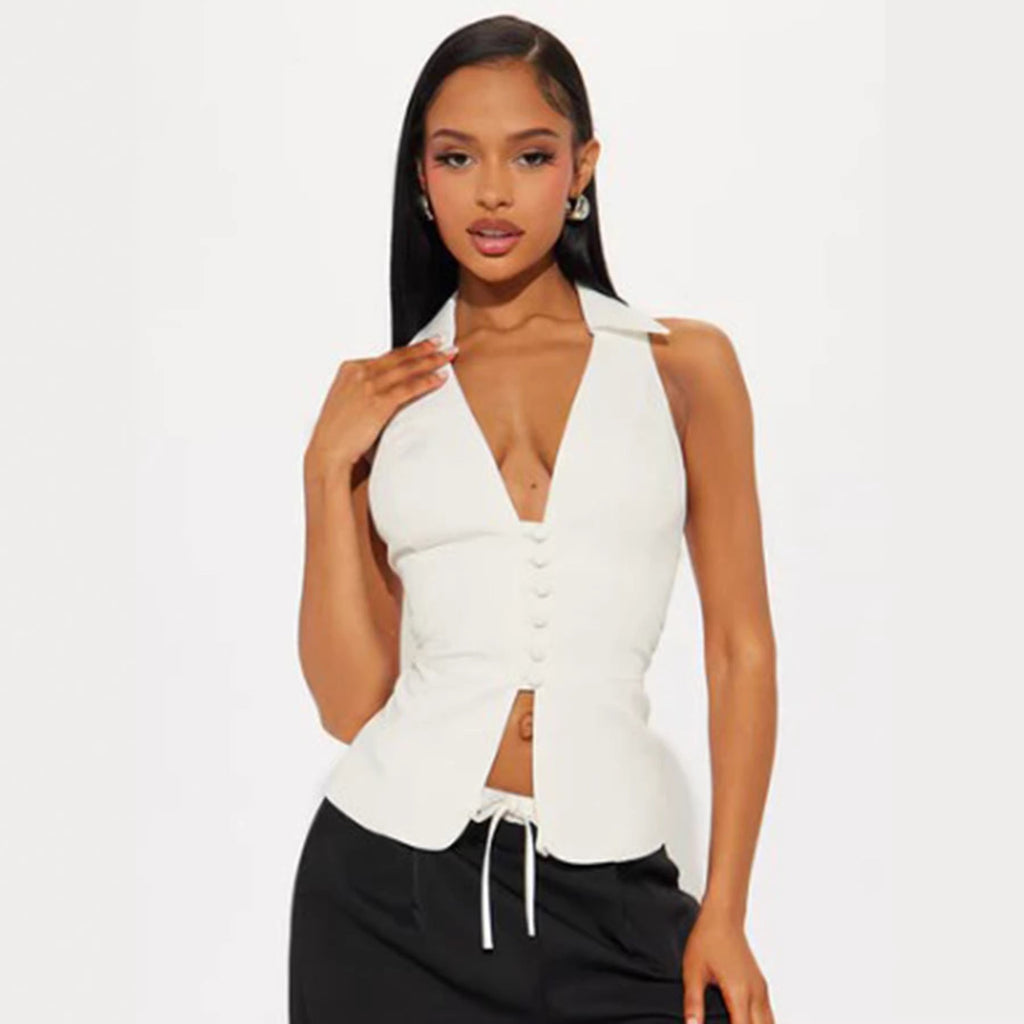 Polo Collar Solid Color V neck Sleeveless Blouse