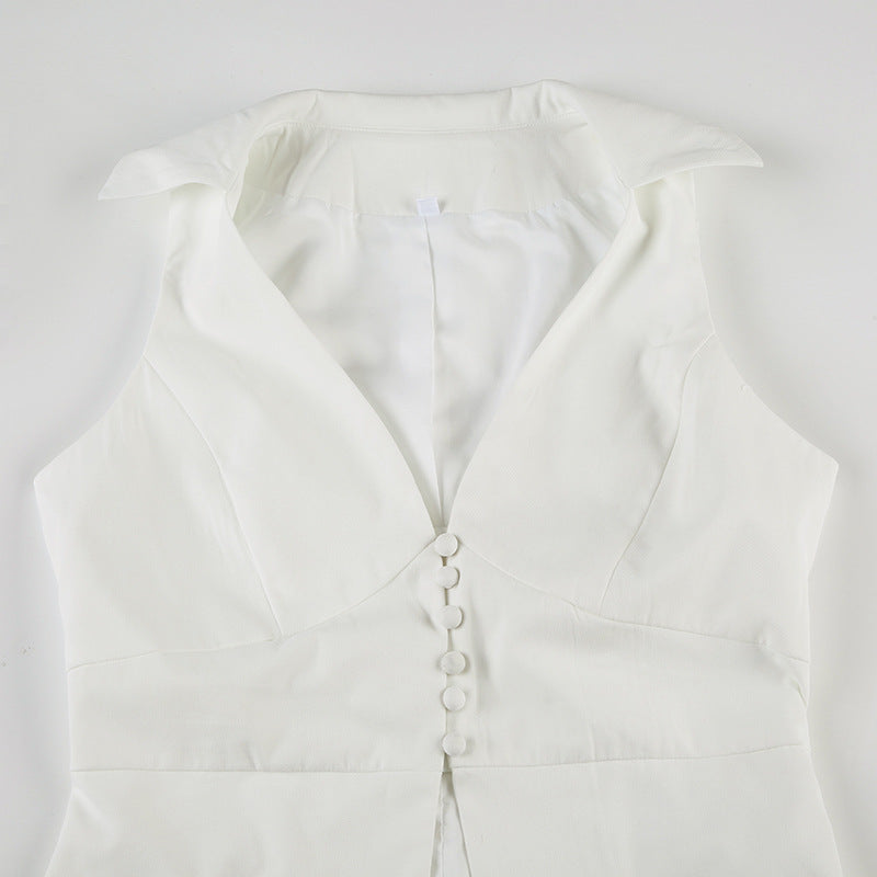 Polo Collar Solid Color V neck Sleeveless Blouse