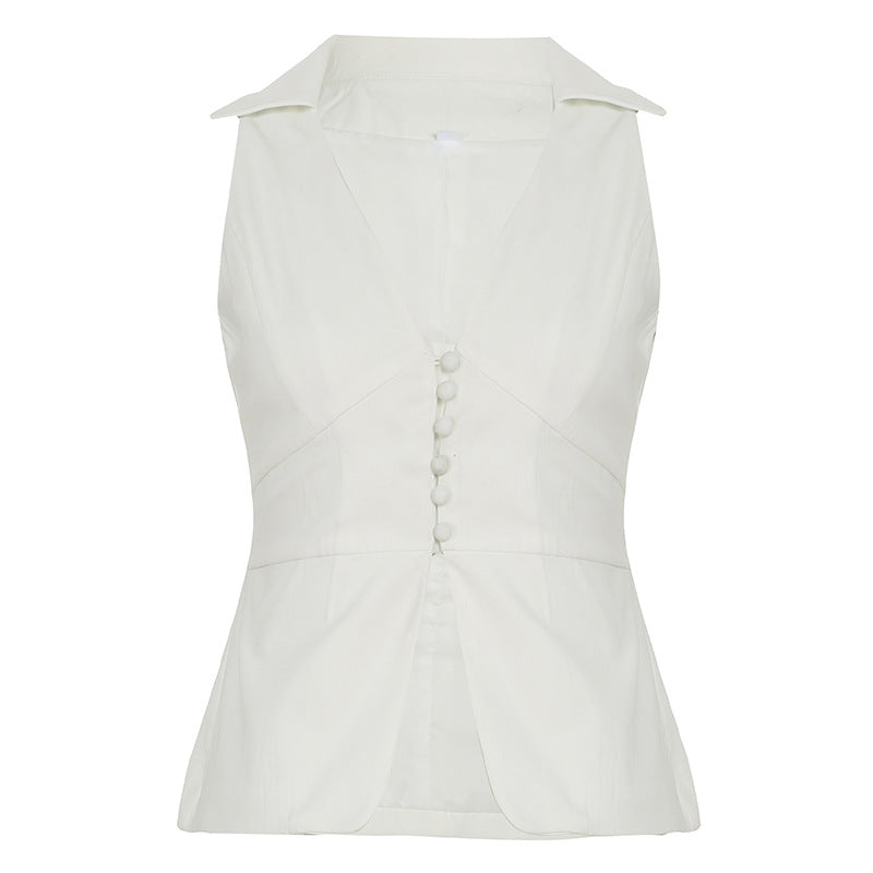 Polo Collar Solid Color V neck Sleeveless Blouse