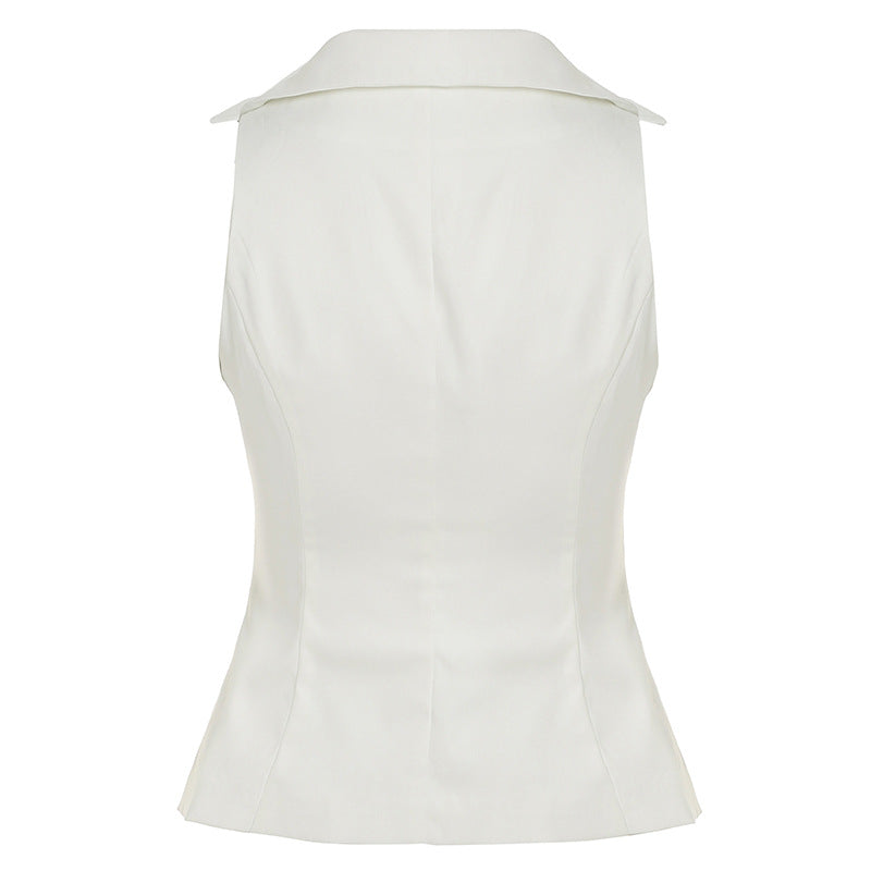 Polo Collar Solid Color V neck Sleeveless Blouse