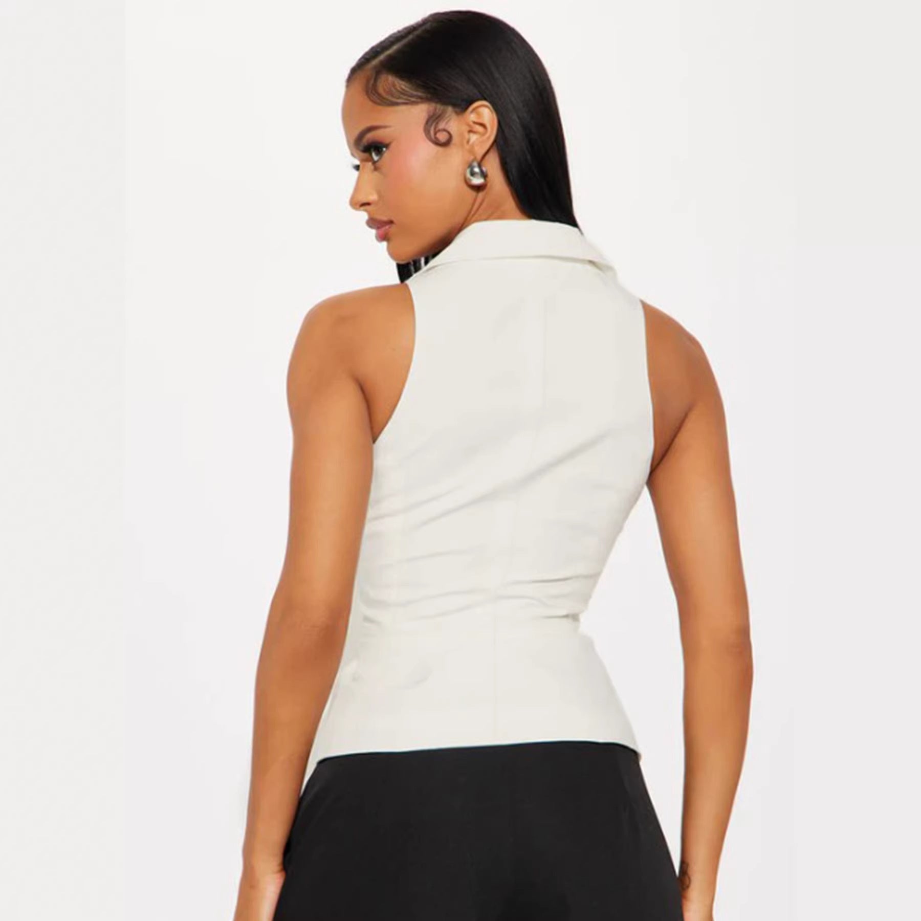 Polo Collar Solid Color V neck Sleeveless Blouse