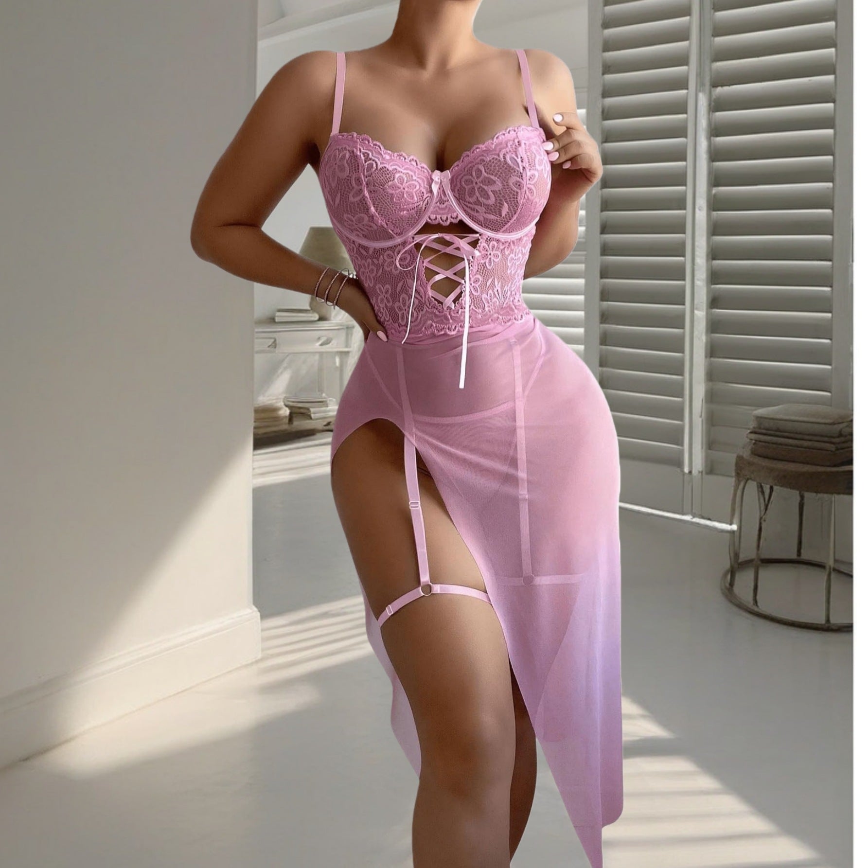 See through Lace Lingerie Maxi Dress