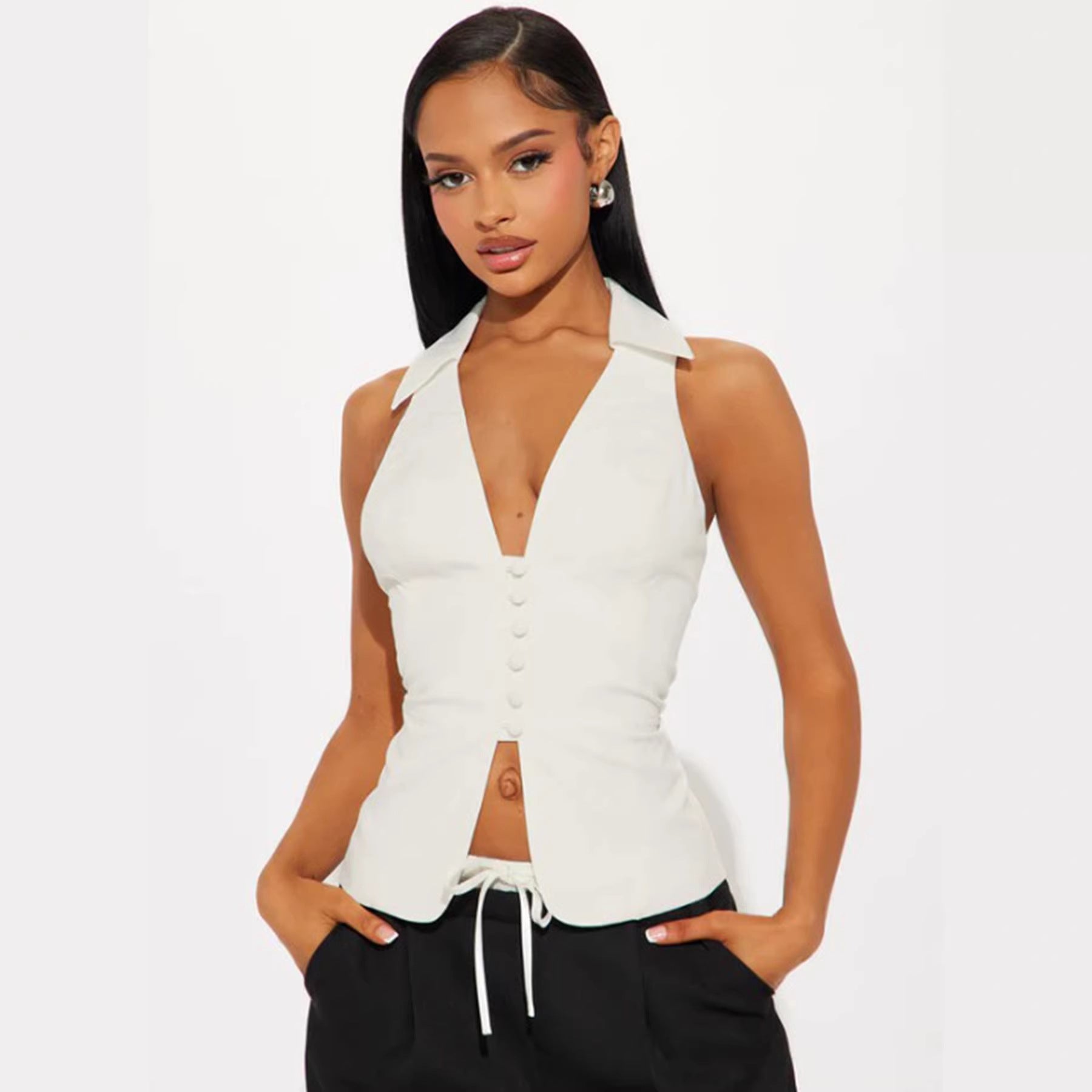 Polo Collar Solid Color V neck Sleeveless Blouse